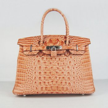 Luxury Hermes Birkin 30cm Crocodile Head Vein Handbags Orange Silver