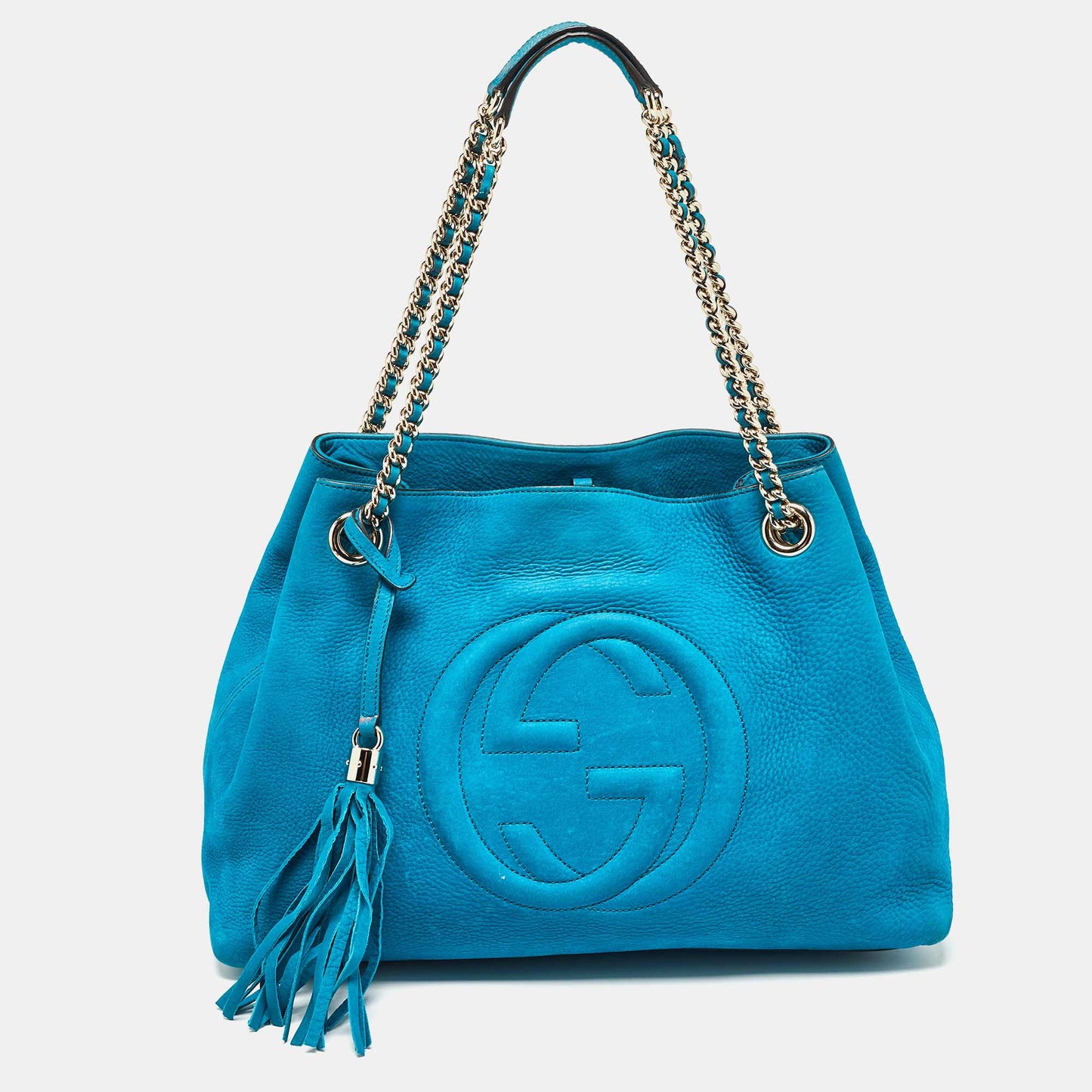 Luxury Gucci Trending 2025 Teal Nubuck Leather Medium Soho Chain Tote