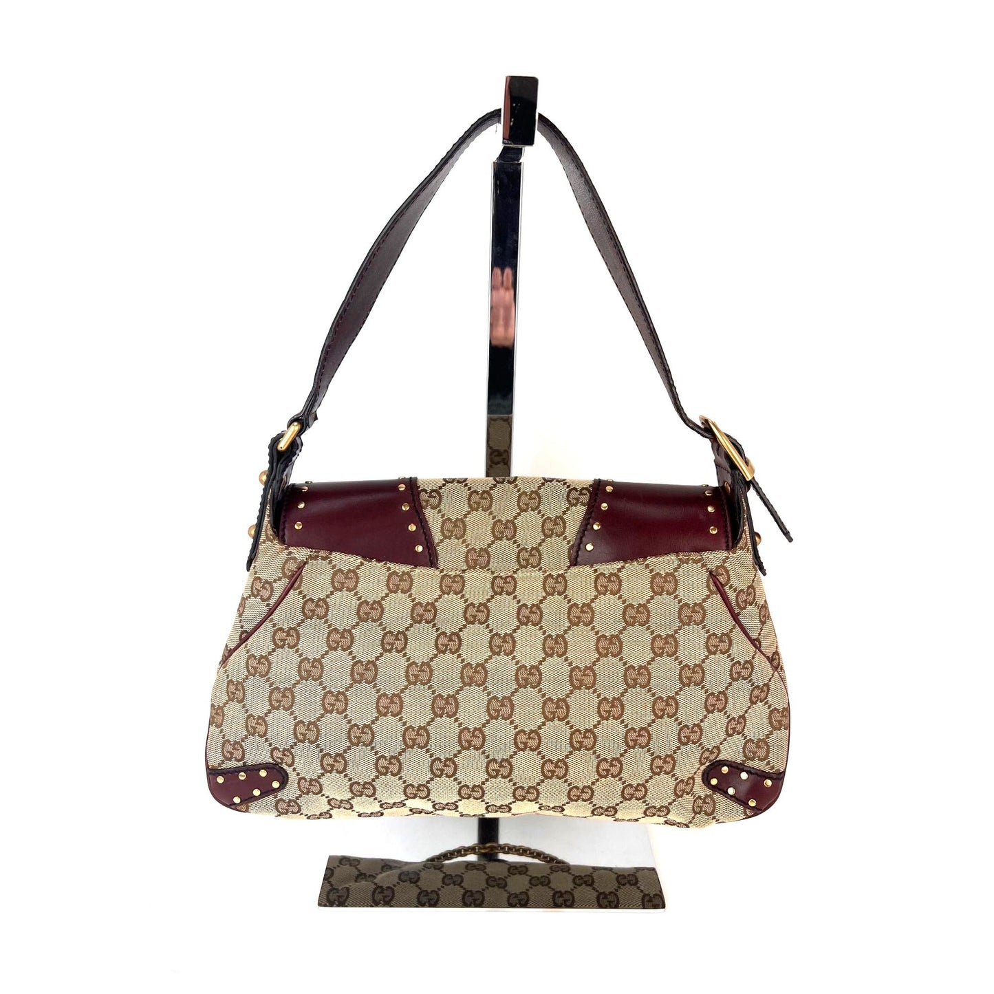Luxury Gucci Trending 2025 Monogram GG Horsebit Chain Studded Burgundy Flap Shoulder Bag