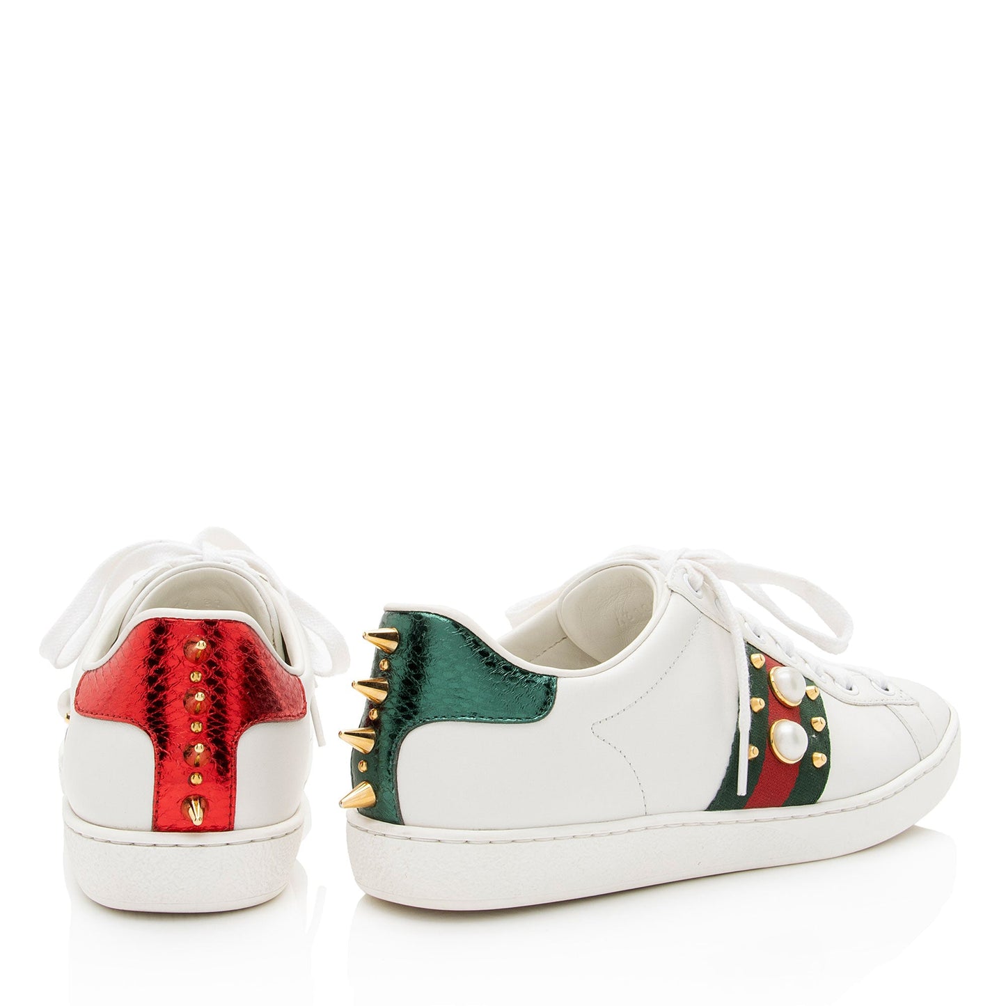 Gucci Leather Pearl Studded Web Ace Sneakers