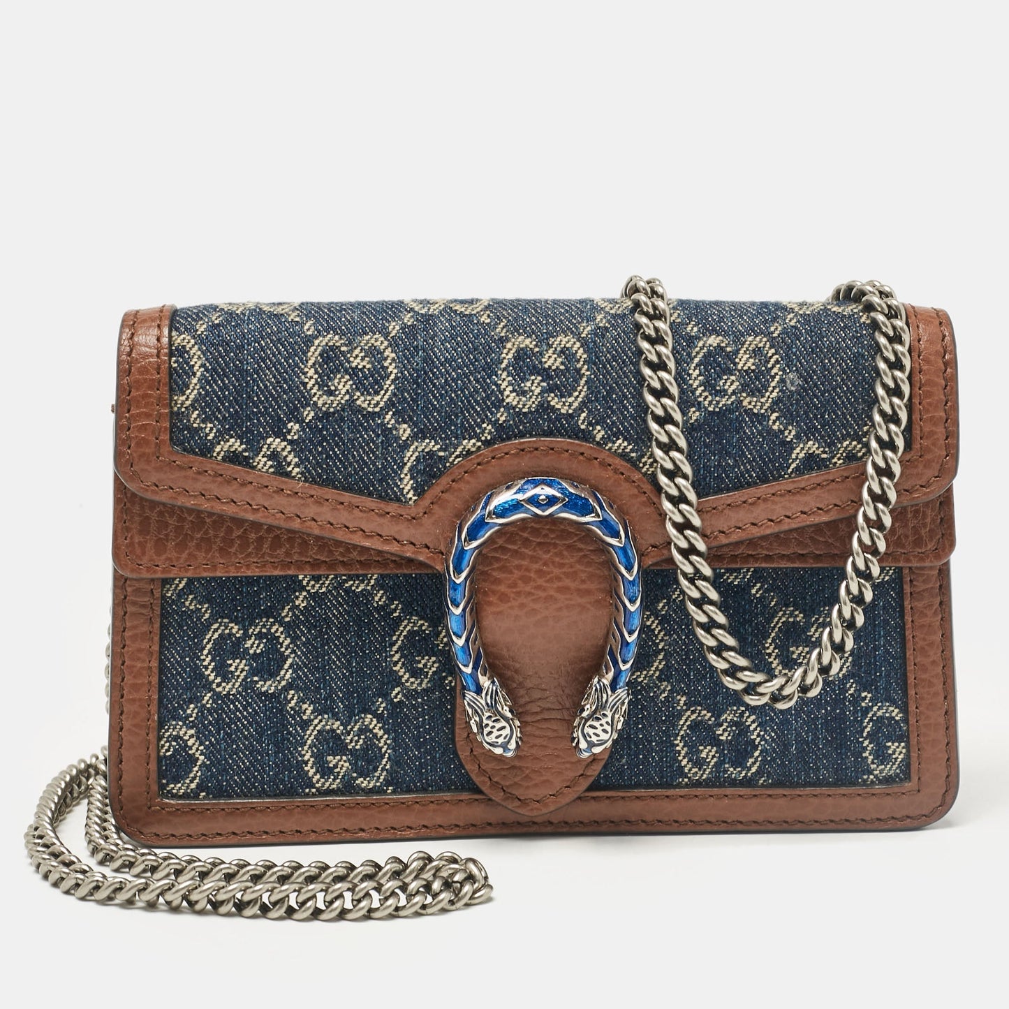 Luxury Gucci Trending 2025 Blue/Brown GG Denim and Leather Super Mini Dionysus Bag