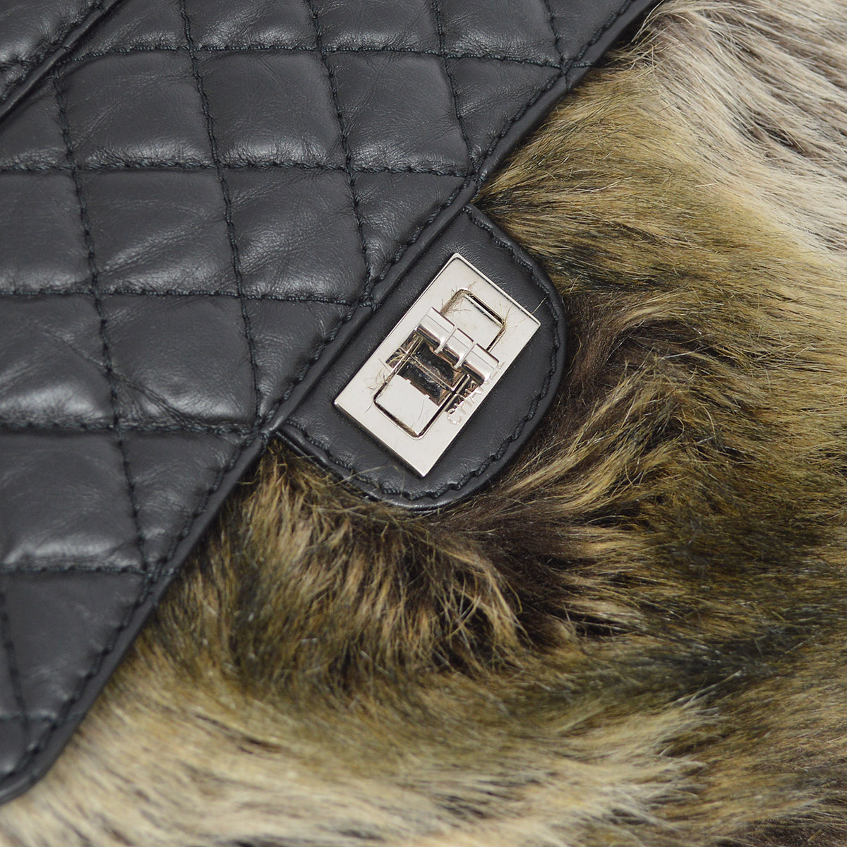 Chanel Black Calfskin Fur Mademoiselle Lock 2way Tote Handbag