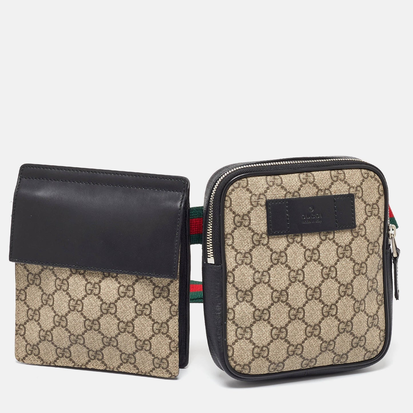 Luxury Gucci Trending 2025 Black/Beige GG Supreme Canvas and Leather Double Belt Bag