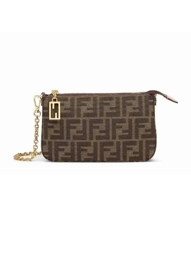 Luxury Fendi FF Chain Jacquard Fabric Clutch Bag Brown