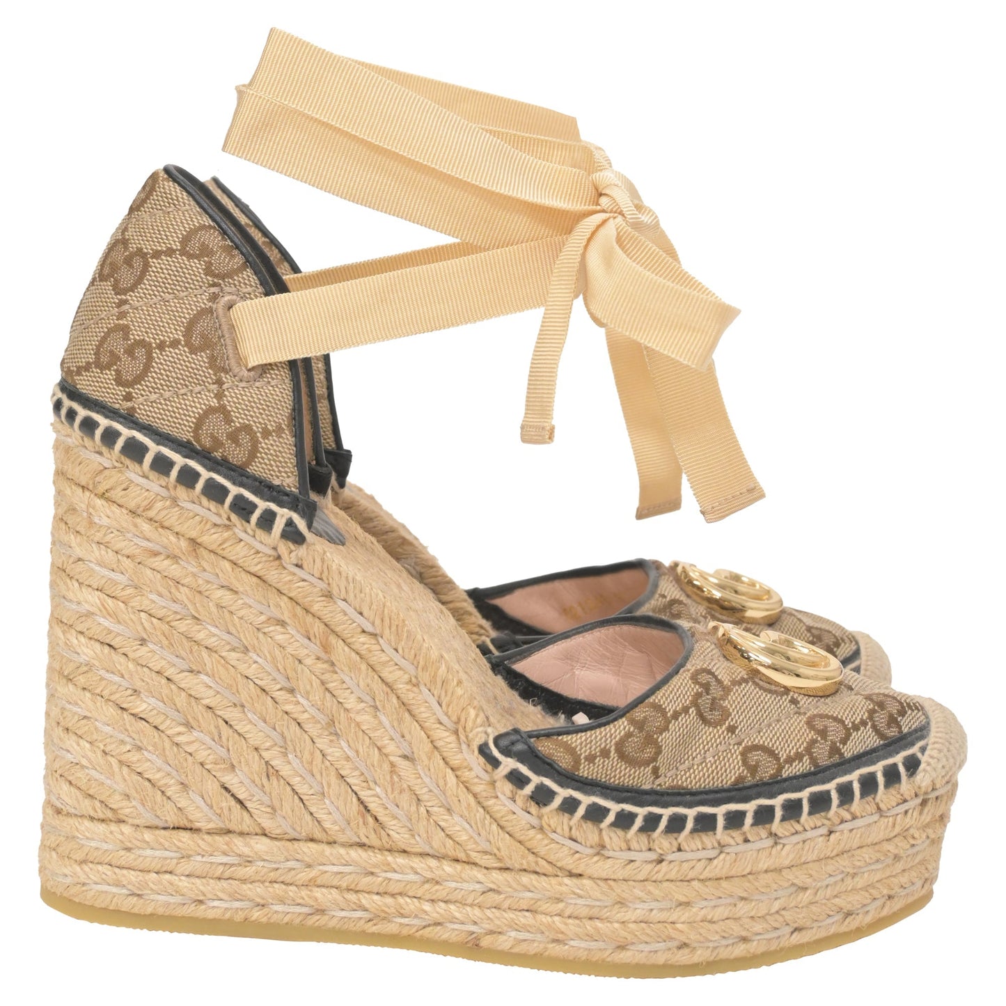 Luxury Gucci Trending 2025 GG Ankle Tie Platform Espadrille Wedges in Beige Canvas