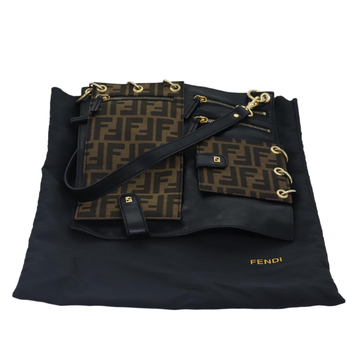 Luxury Fendi Zucca Canvas Shoulder Bag Leather Black Goldfm3729