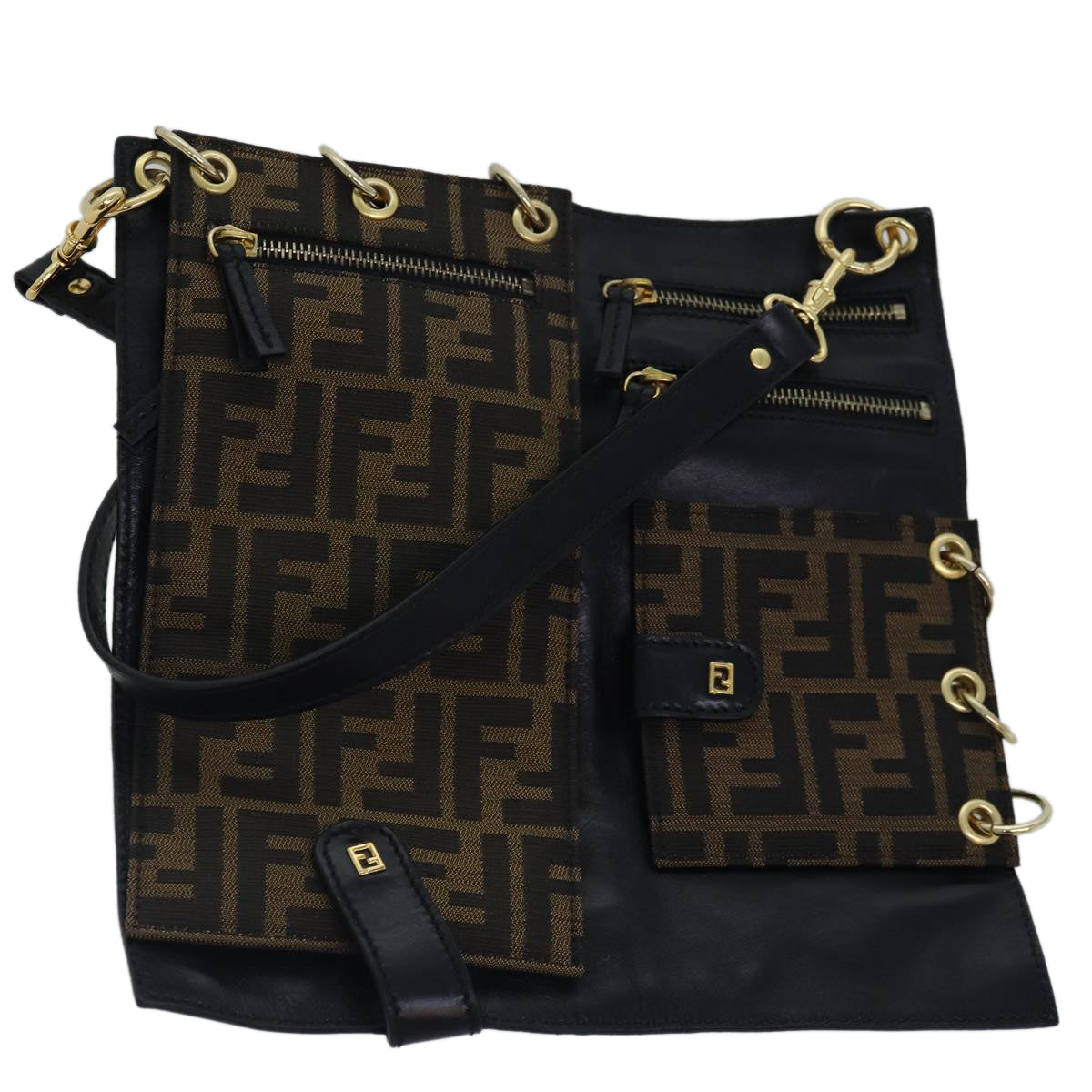 Luxury Fendi Zucca Canvas Shoulder Bag Leather Black Goldfm3729