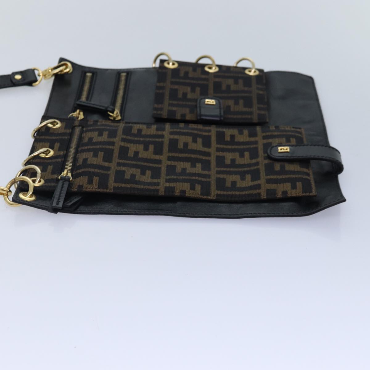 Luxury Fendi Zucca Canvas Shoulder Bag Leather Black Goldfm3729