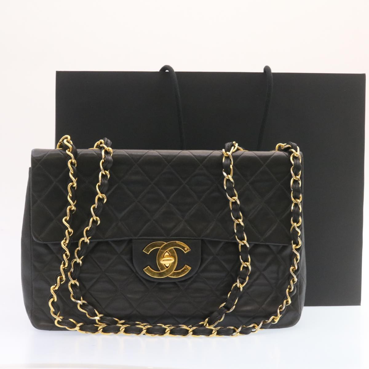 CHANEL Big Matelasse Flap Chain Shoulder Bag Lamb Skin Black Gold  am1276gA