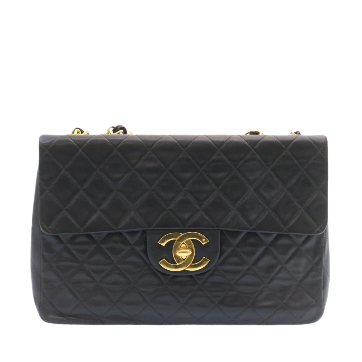 CHANEL Big Matelasse Flap Chain Shoulder Bag Lamb Skin Black Gold  am1276gA
