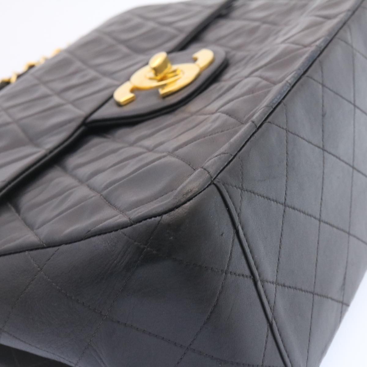CHANEL Big Matelasse Flap Chain Shoulder Bag Lamb Skin Black Gold  am1276gA