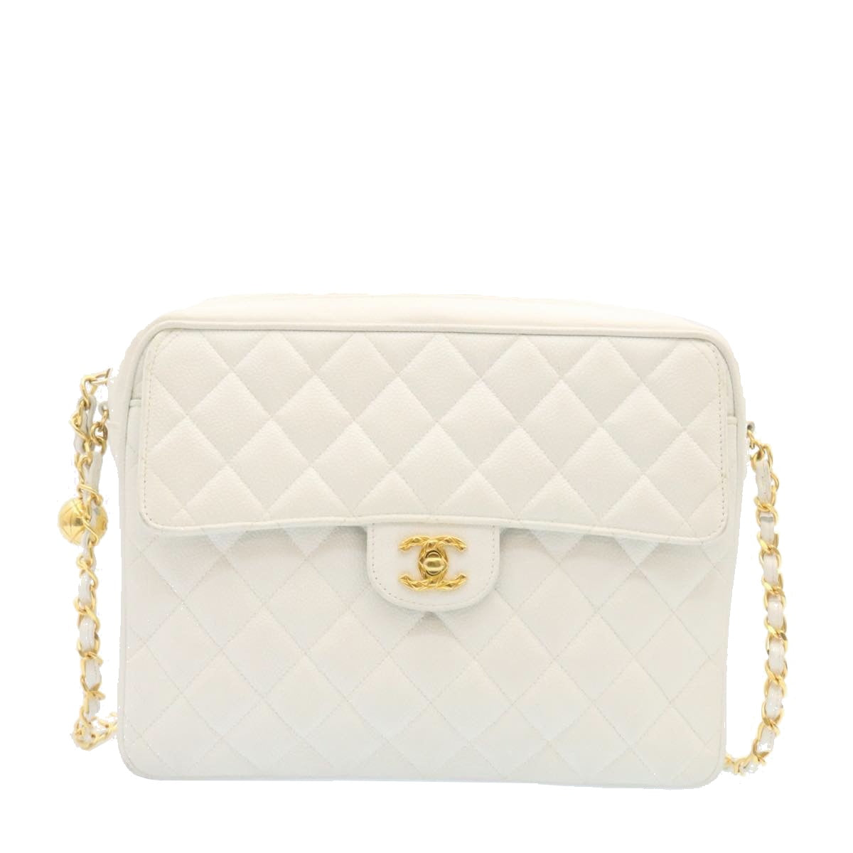 Luxury Chanel Matelasse Chain Shoulder Bag Caviar Skin Gold White CC  am1370gA