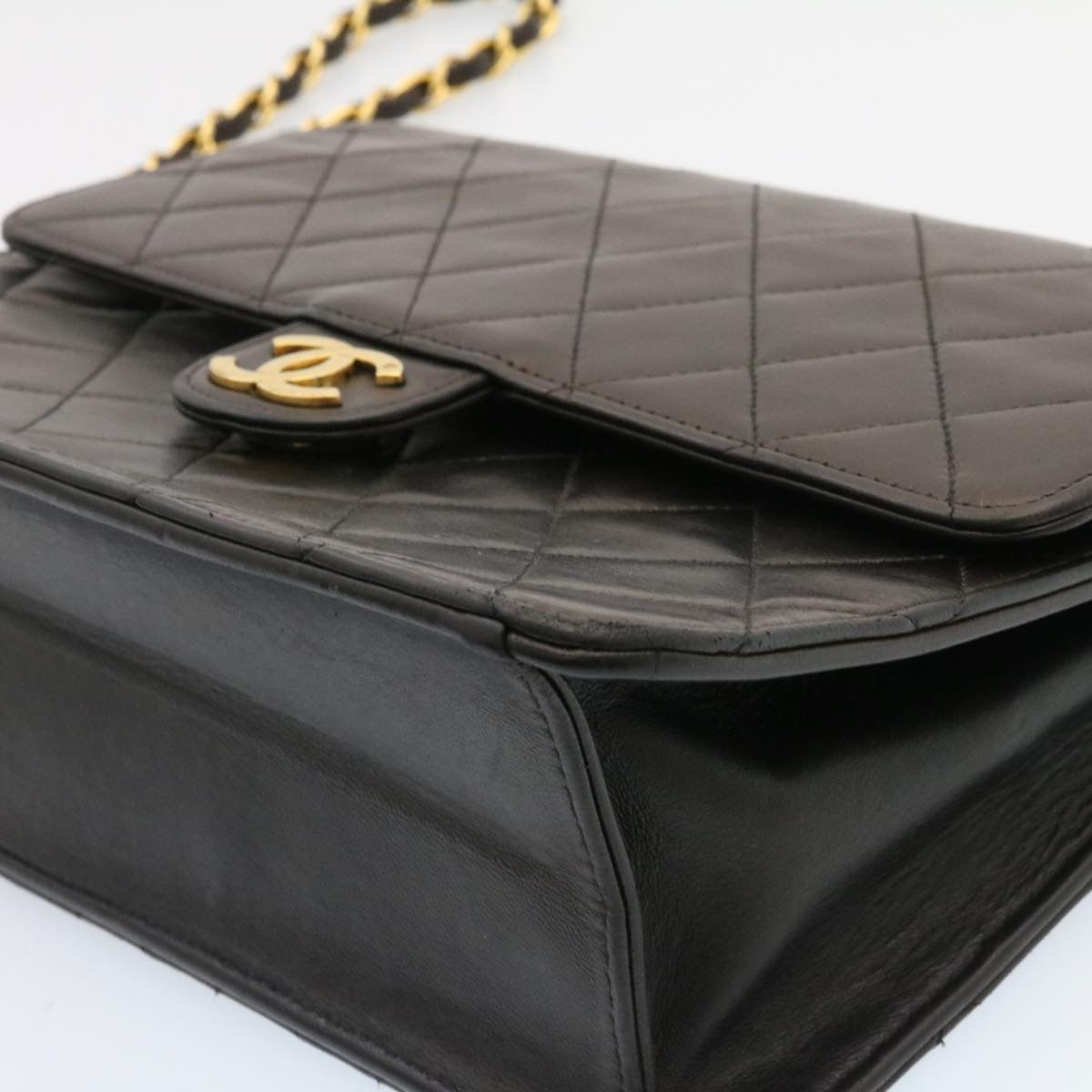 CHANEL Matelasse Chain Flap Shoulder Bag Lamb Skin Black Gold CC  am1708gA