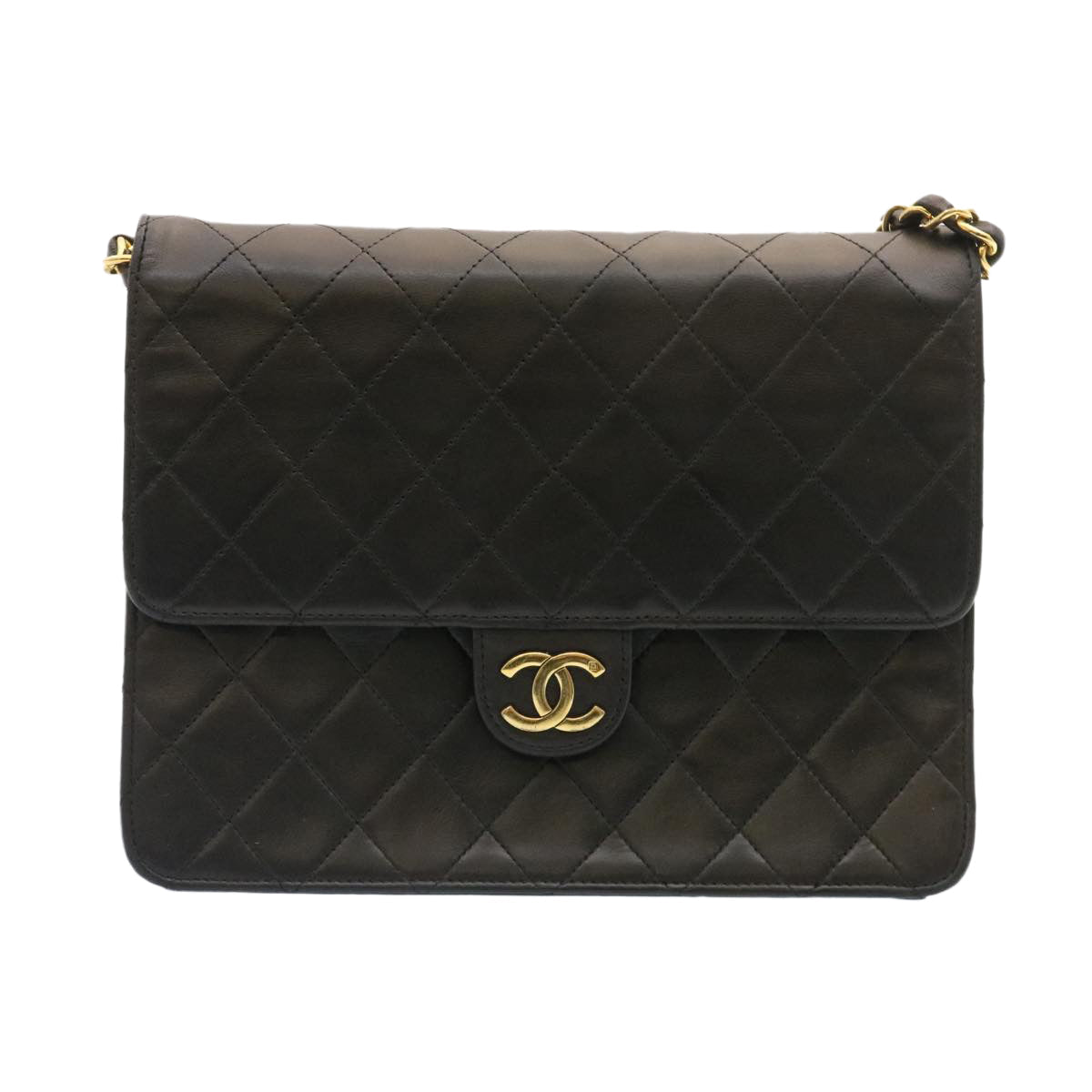 CHANEL Matelasse Chain Flap Shoulder Bag Lamb Skin Black Gold CC  am1708gA
