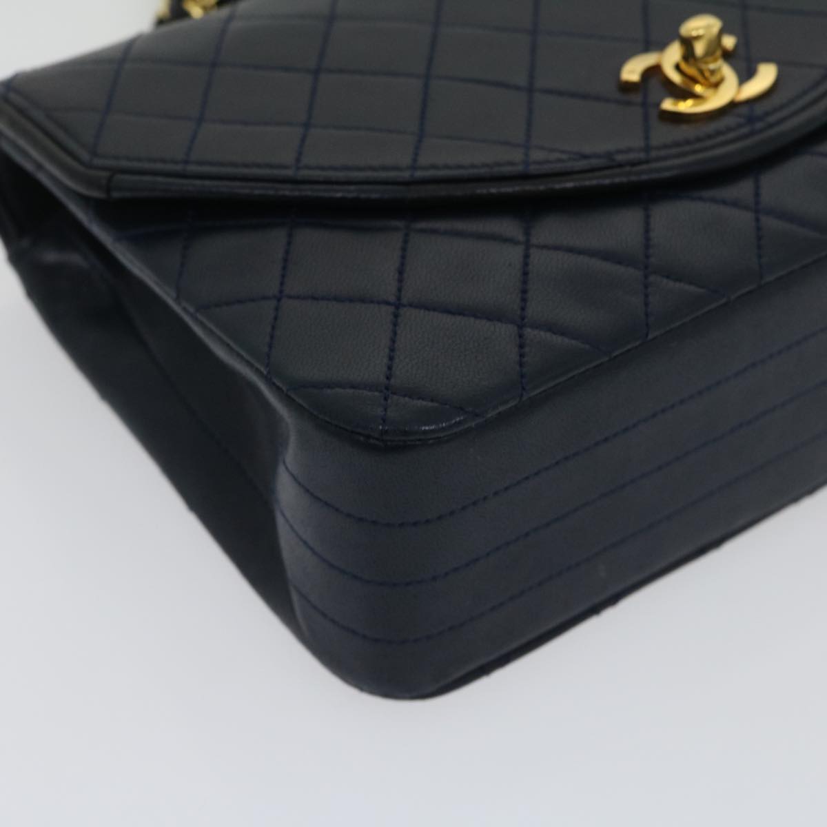 CHANEL Matelasse Chain Flap Shoulder Bag Lamb Skin Navy Gold CC  am2602gA