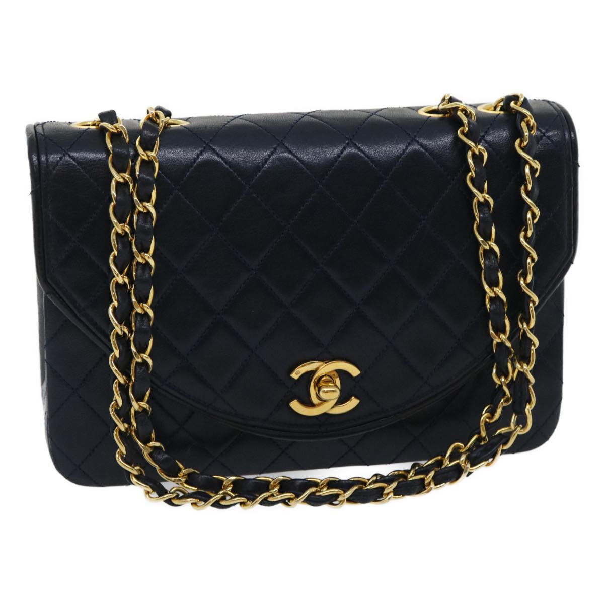 CHANEL Matelasse Chain Flap Shoulder Bag Lamb Skin Navy Gold CC  am2602gA