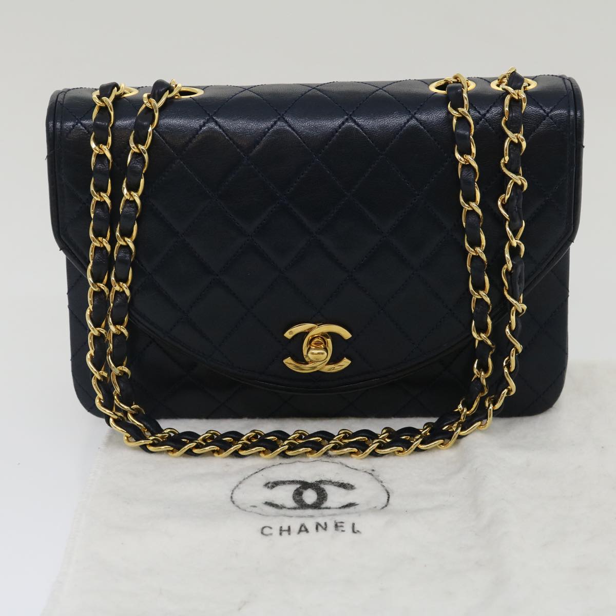 CHANEL Matelasse Chain Flap Shoulder Bag Lamb Skin Navy Gold CC  am2602gA