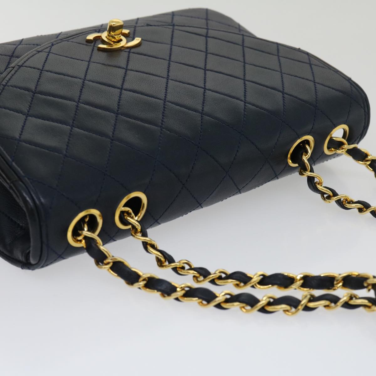 CHANEL Matelasse Chain Flap Shoulder Bag Lamb Skin Navy Gold CC  am2602gA