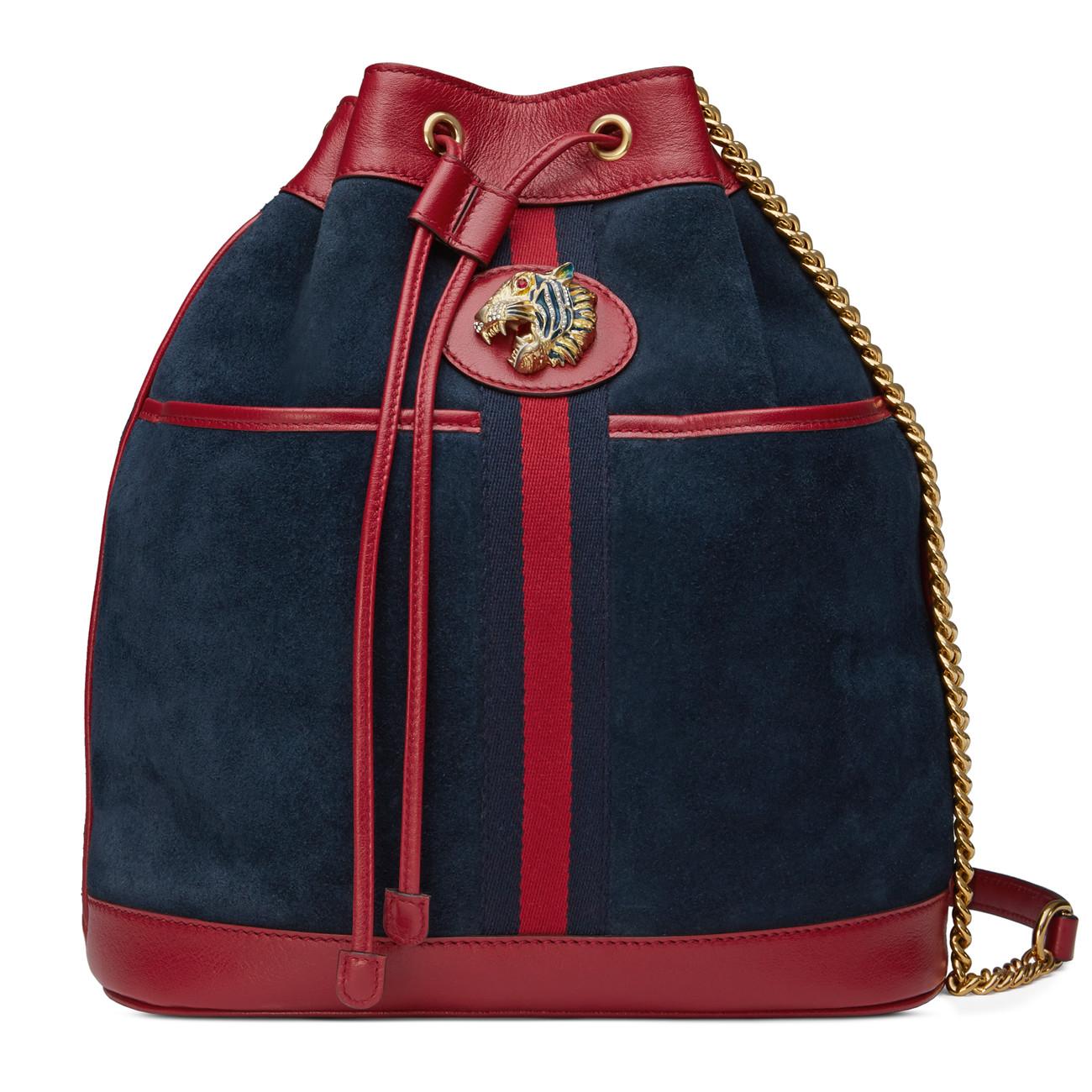 Luxury Gucci Trending 2025 Bucket Rajah Medium Suede Hobo Bag in Blue
