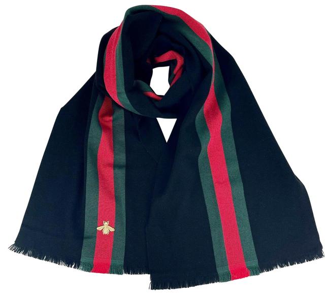Luxury Gucci Trending 2025 Black Wool Cashmere Silk Long Scarf with BRB Web and Bee