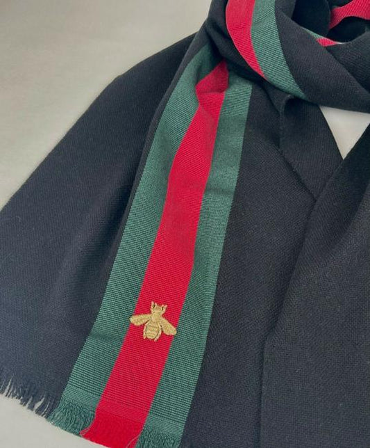 Luxury Gucci Trending 2025 Black Wool Cashmere Silk Long Scarf with BRB Web and Bee