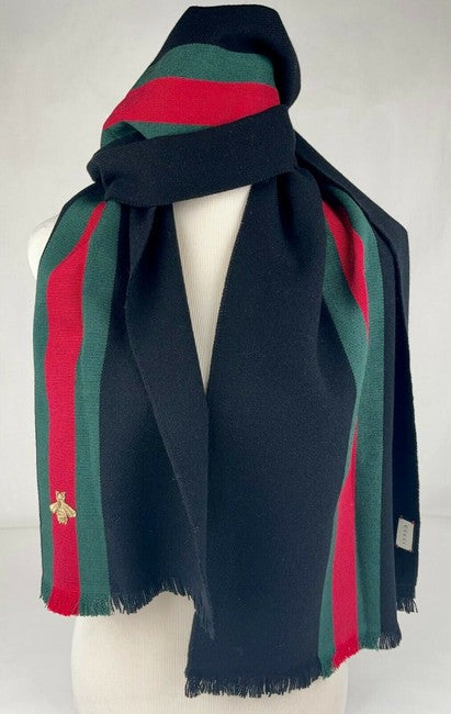 Luxury Gucci Trending 2025 Black Wool Cashmere Silk Long Scarf with BRB Web and Bee