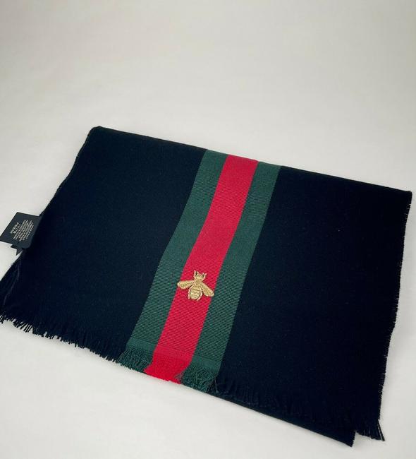 Luxury Gucci Trending 2025 Black Wool Cashmere Silk Long Scarf with BRB Web and Bee