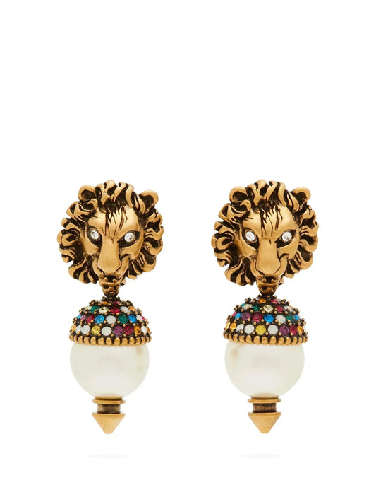 Luxury Gucci GG LION HEAD PEARL COLORED DIAMOND EARRINGS