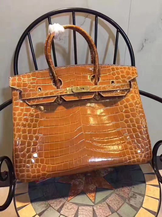 Luxury Hermes Birkin 35cm Crocodile Leather Handbag Brown Gold