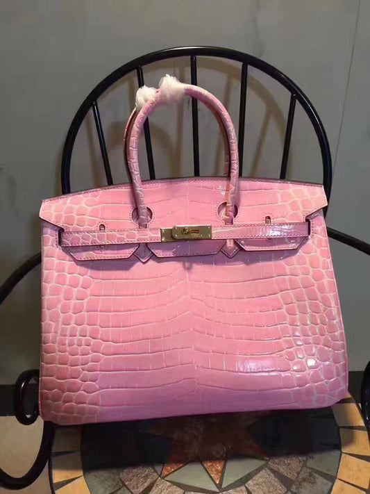 Luxury Hermes Birkin 35cm Crocodile Leather Handbag Pink Gold