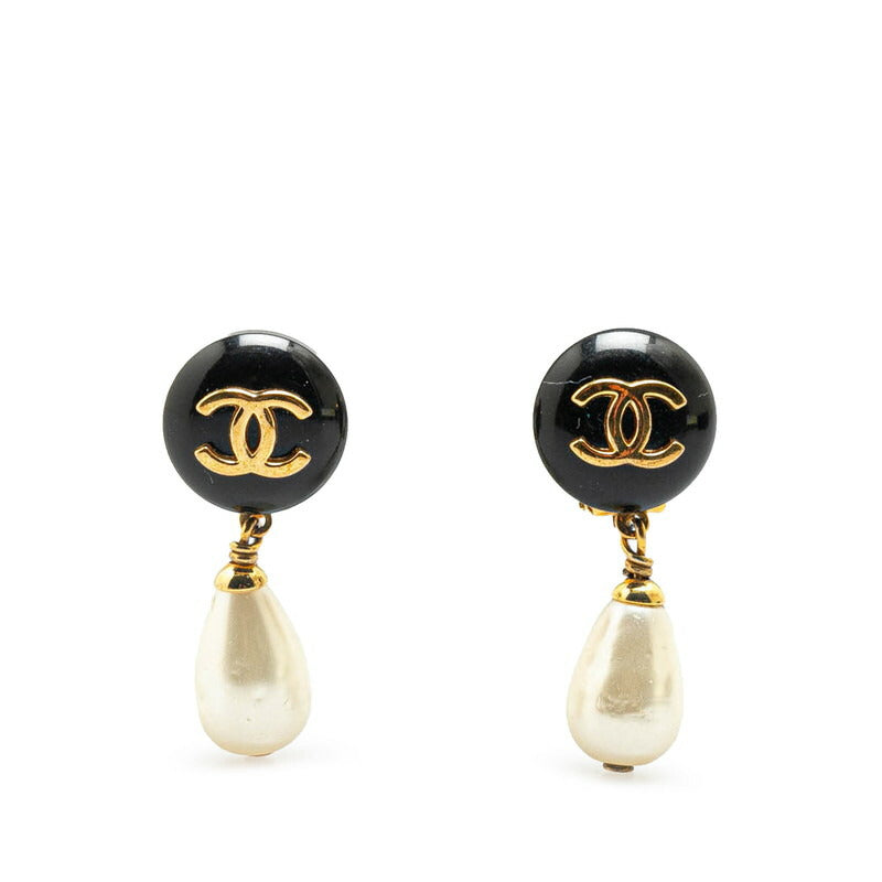 Chanel Vintage Coco Mark Earrings Gold White Black