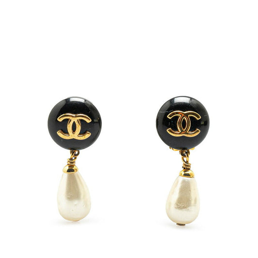 Chanel Vintage Coco Mark Earrings Gold White Black