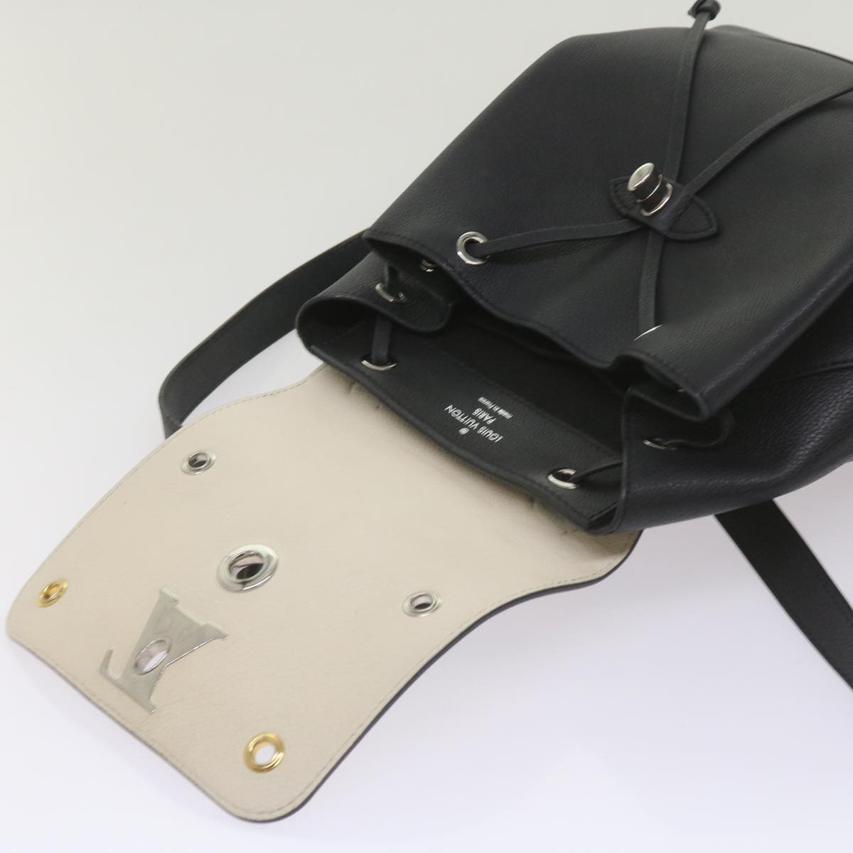 LOUIS VUITTON Lock Me Backpack Calf leather Black White M54108 LV hk1059