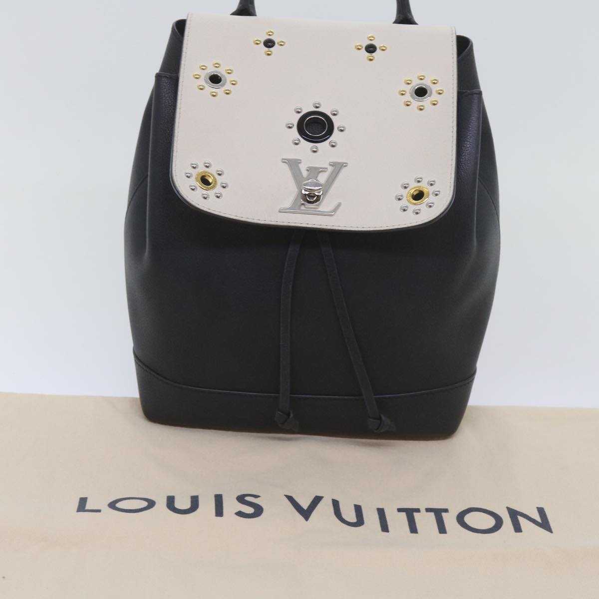 LOUIS VUITTON Lock Me Backpack Calf leather Black White M54108 LV hk1059