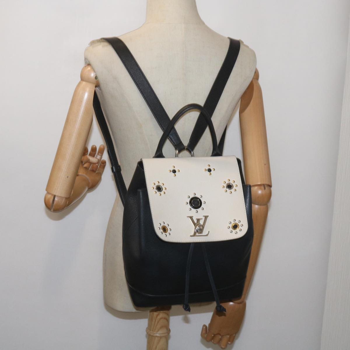 LOUIS VUITTON Lock Me Backpack Calf leather Black White M54108 LV hk1059
