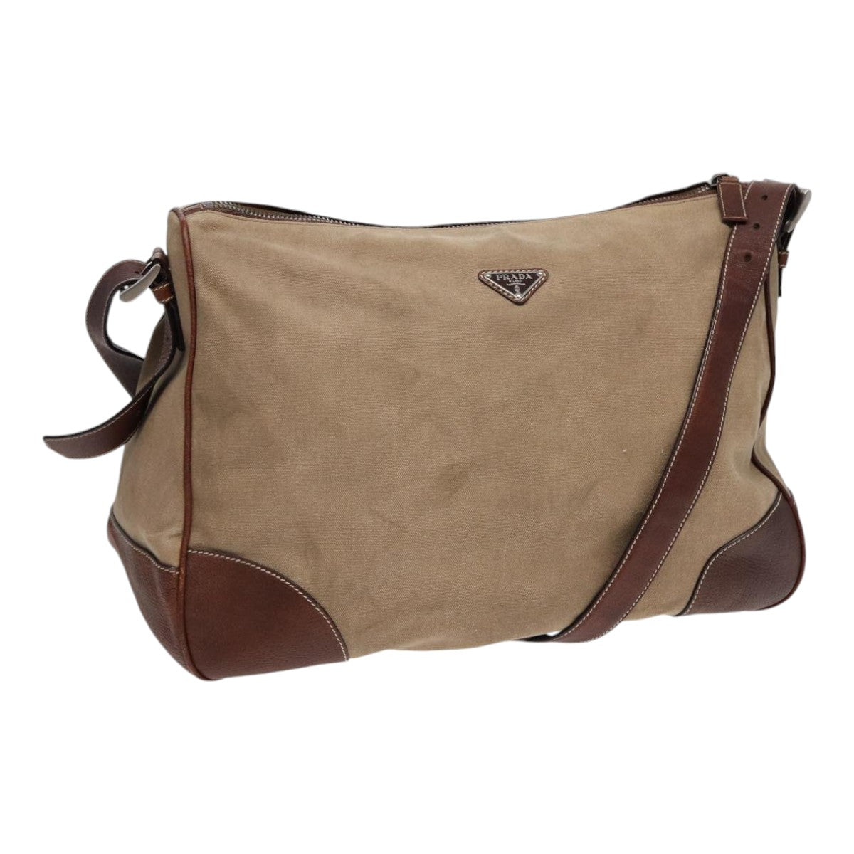 Luxury Prada Shoulder Bag Canvas Leather Beige Brown Silver  hk1565