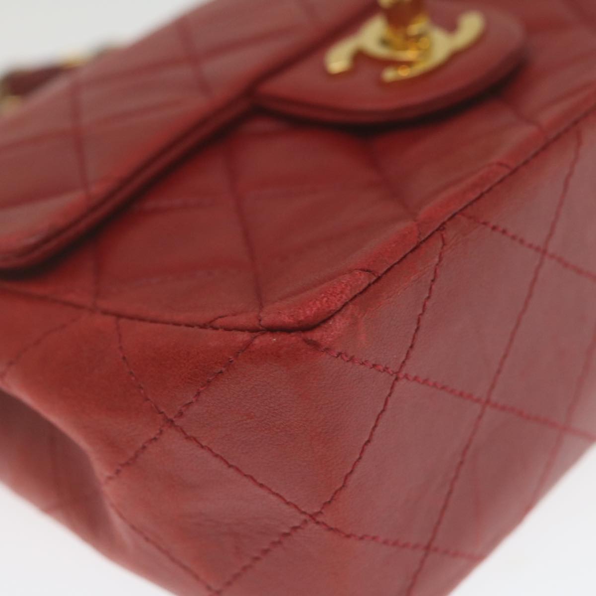 CHANEL Mini Matelasse Chain Flap Hand Bag Lamb Skin Red Gold CC  hs688A
