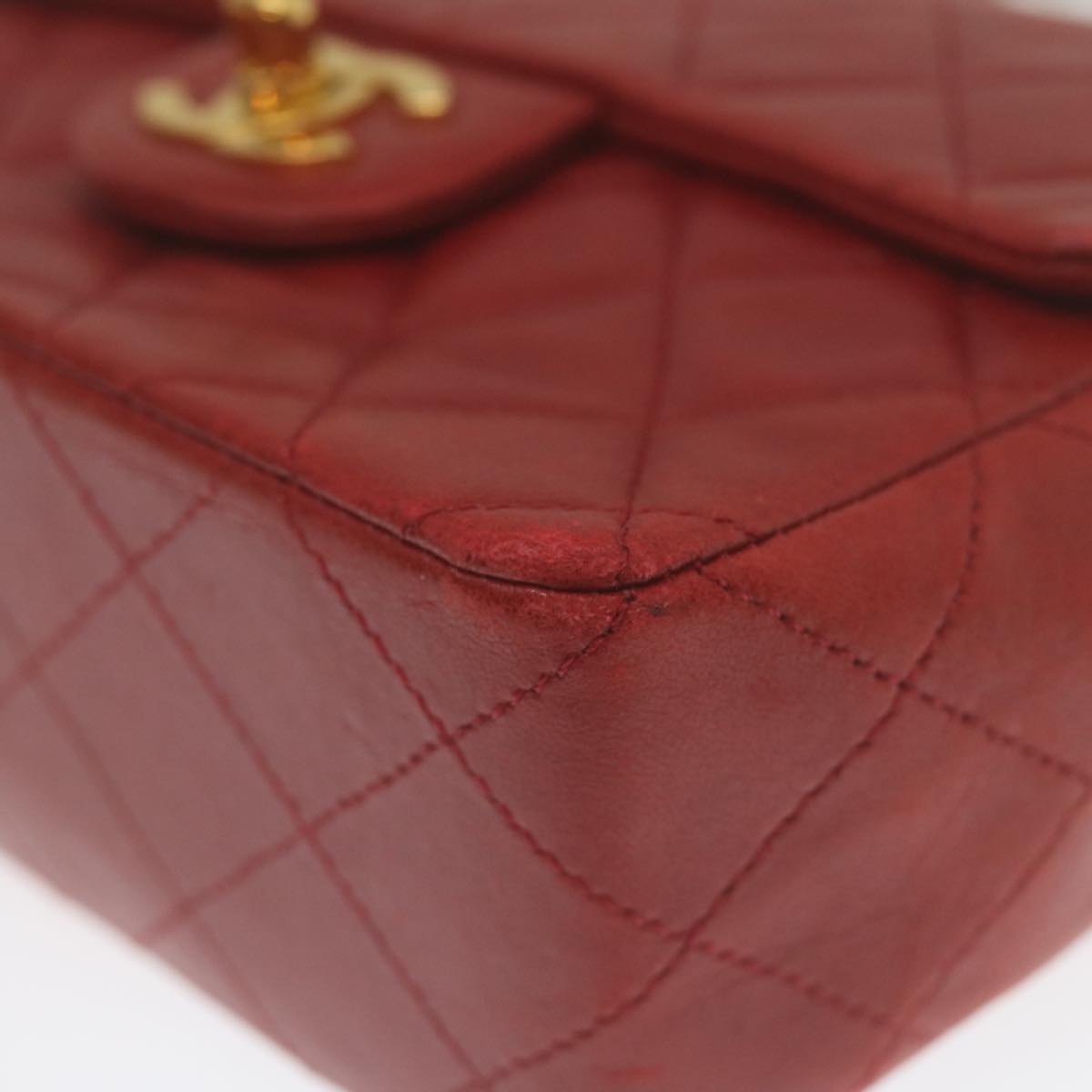 CHANEL Mini Matelasse Chain Flap Hand Bag Lamb Skin Red Gold CC  hs688A