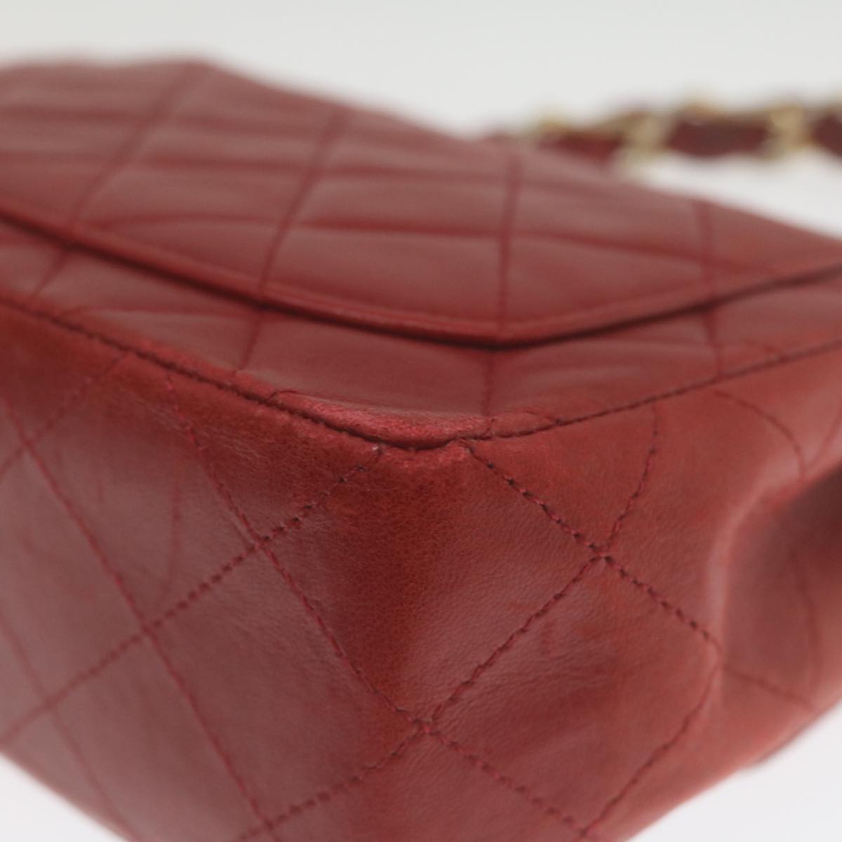 CHANEL Mini Matelasse Chain Flap Hand Bag Lamb Skin Red Gold CC  hs688A