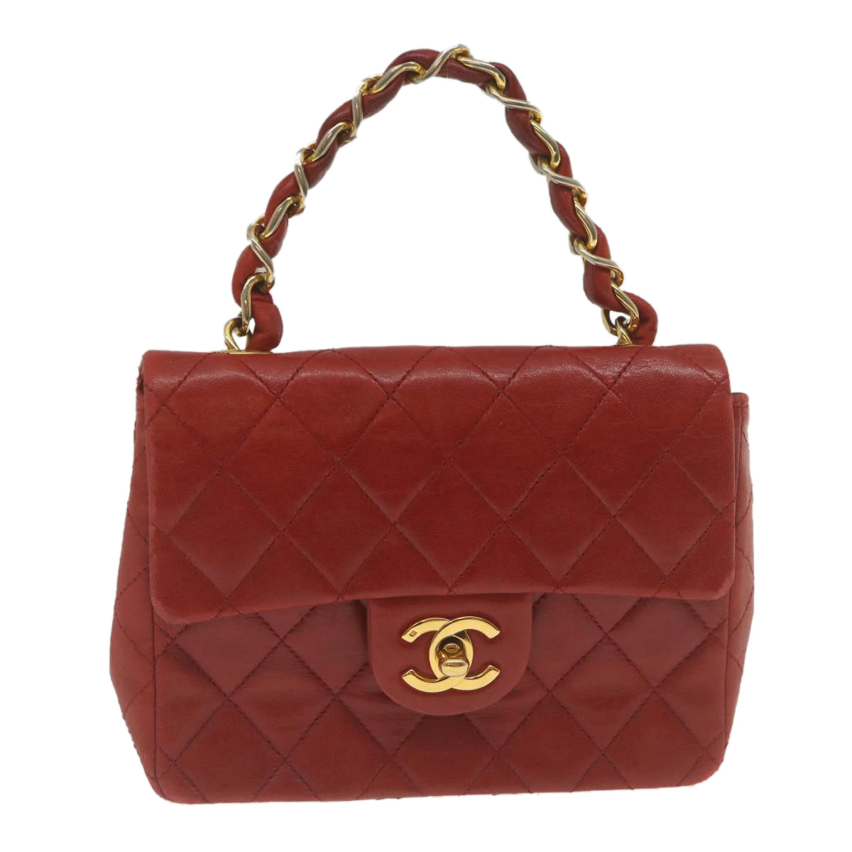 CHANEL Mini Matelasse Chain Flap Hand Bag Lamb Skin Red Gold CC  hs688A