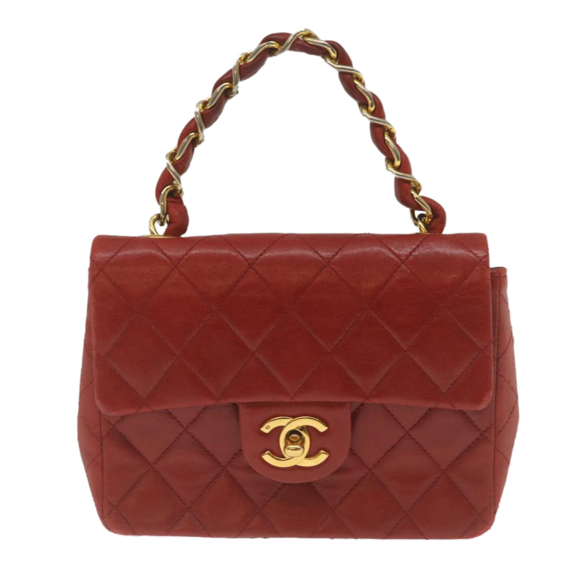 CHANEL Mini Matelasse Chain Flap Hand Bag Lamb Skin Red Gold CC  hs688A
