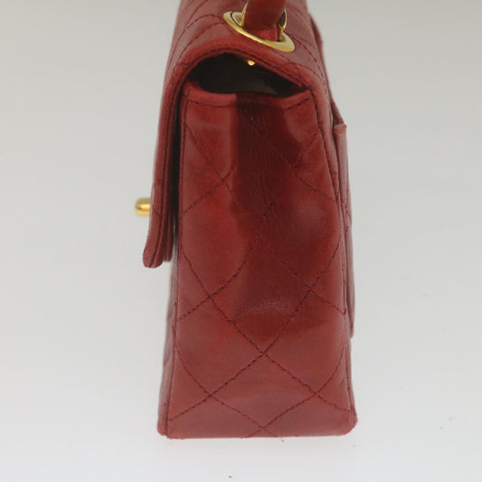 CHANEL Mini Matelasse Chain Flap Hand Bag Lamb Skin Red Gold CC  hs688A