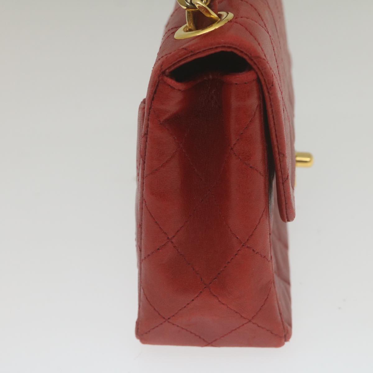 CHANEL Mini Matelasse Chain Flap Hand Bag Lamb Skin Red Gold CC  hs688A