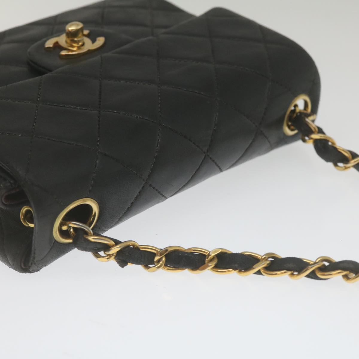 CHANEL Mini Matelasse Chain Flap Shoulder Bag Lamb Skin Black Gold  hs689A
