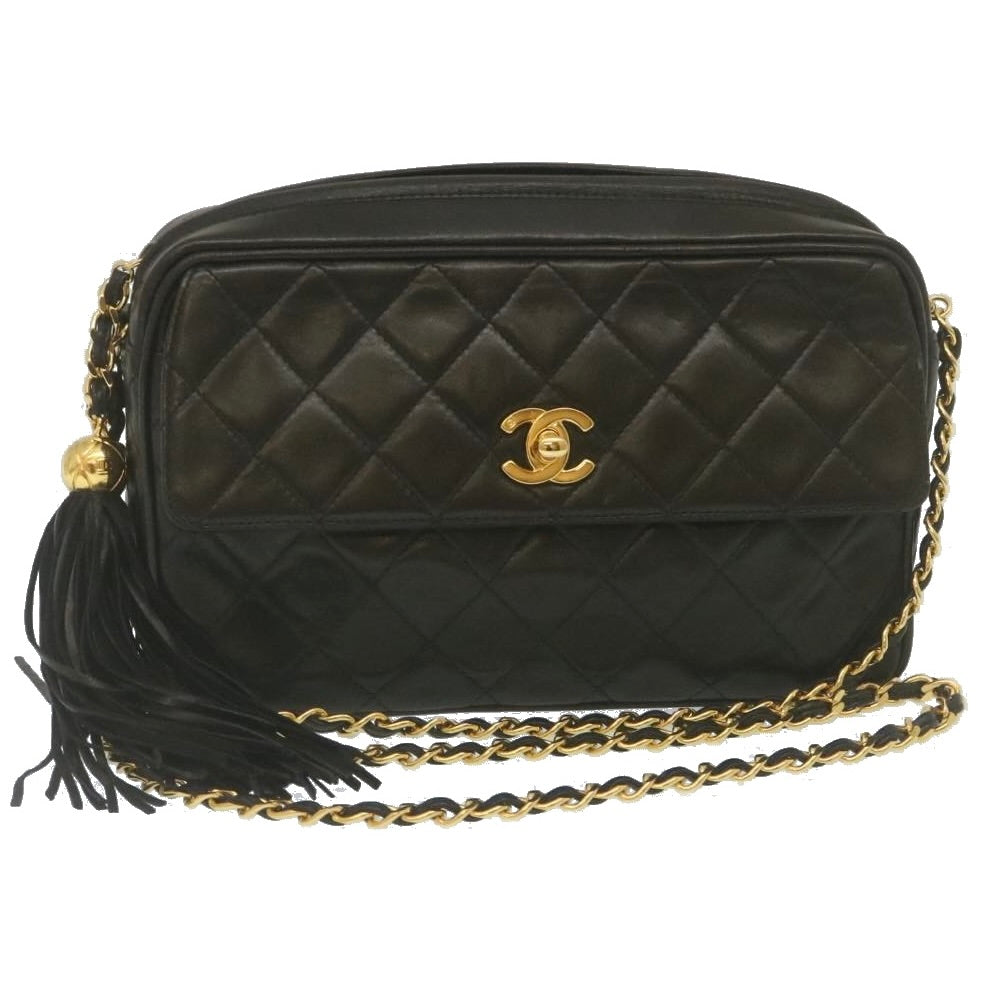 Luxury Chanel Matelasse Chain Shoulder Bag Lamb Skin Fringe Black Gold CC  hs691A