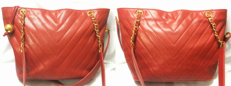 Luxury Chanel Vintage red caviarskin v stitch, chevron style chain shoulder tote bag with golden CC ball charm
