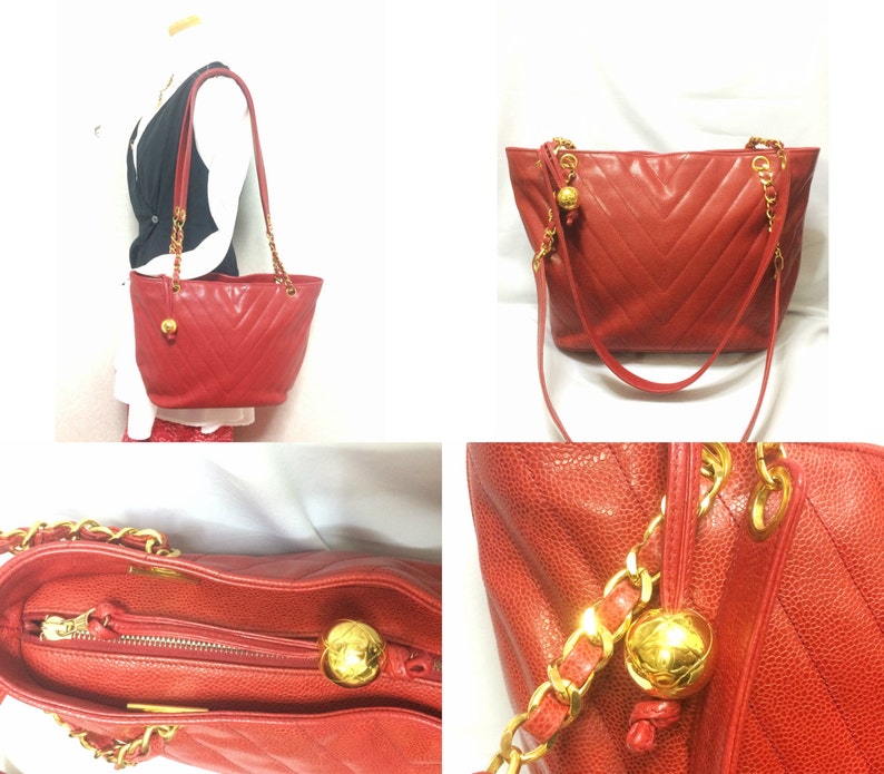 Luxury Chanel Vintage red caviarskin v stitch, chevron style chain shoulder tote bag with golden CC ball charm