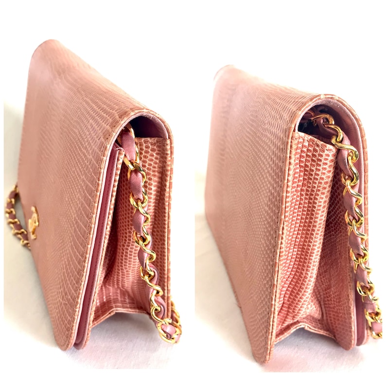 Luxury Chanel Vintage milky pink genuine lizard leather 2