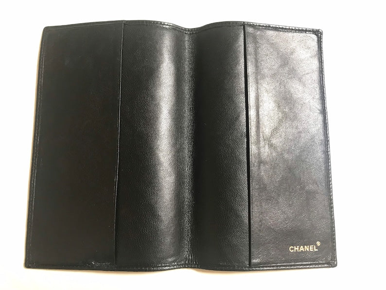 Luxury Chanel Vintage black stitched leather book cover, diary cover, checkbook case etc