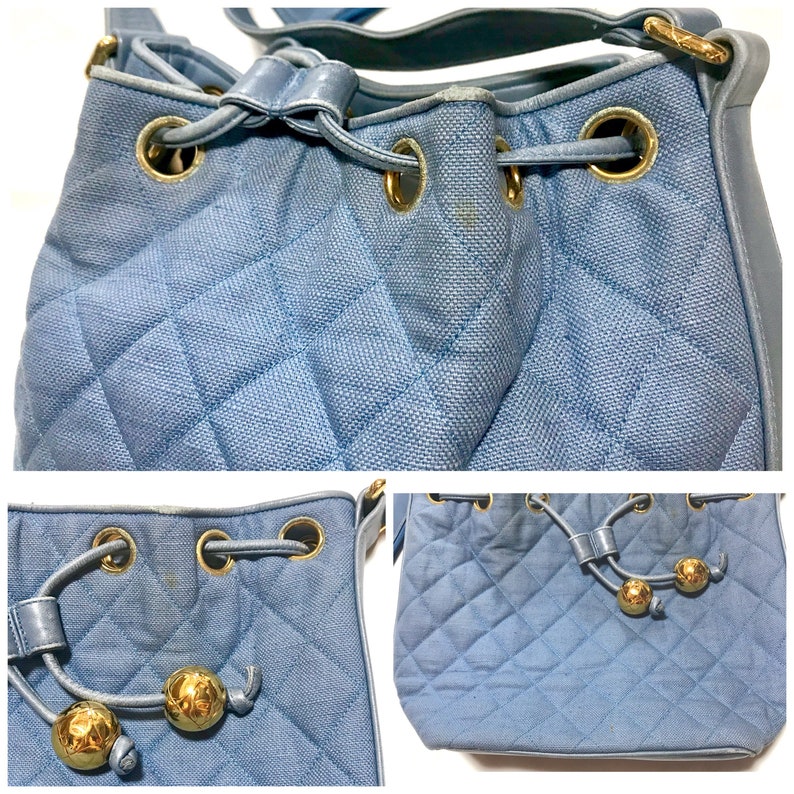 Luxury Chanel Vintage blue quilted canvas and leather combo hobo bucket shoulder bag with drawstrings and golden CC mark balls